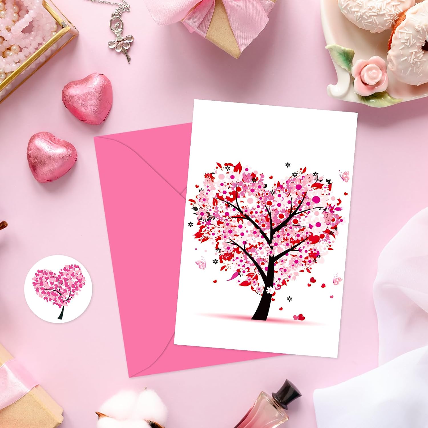 24 Pcs Valentine'S Day Greeting Cards Blank Note Cards With Envelopes And Stickers Pink Heart Tree Greeting Cards For Invitations Party Supplies, 4 X 6 Inch
