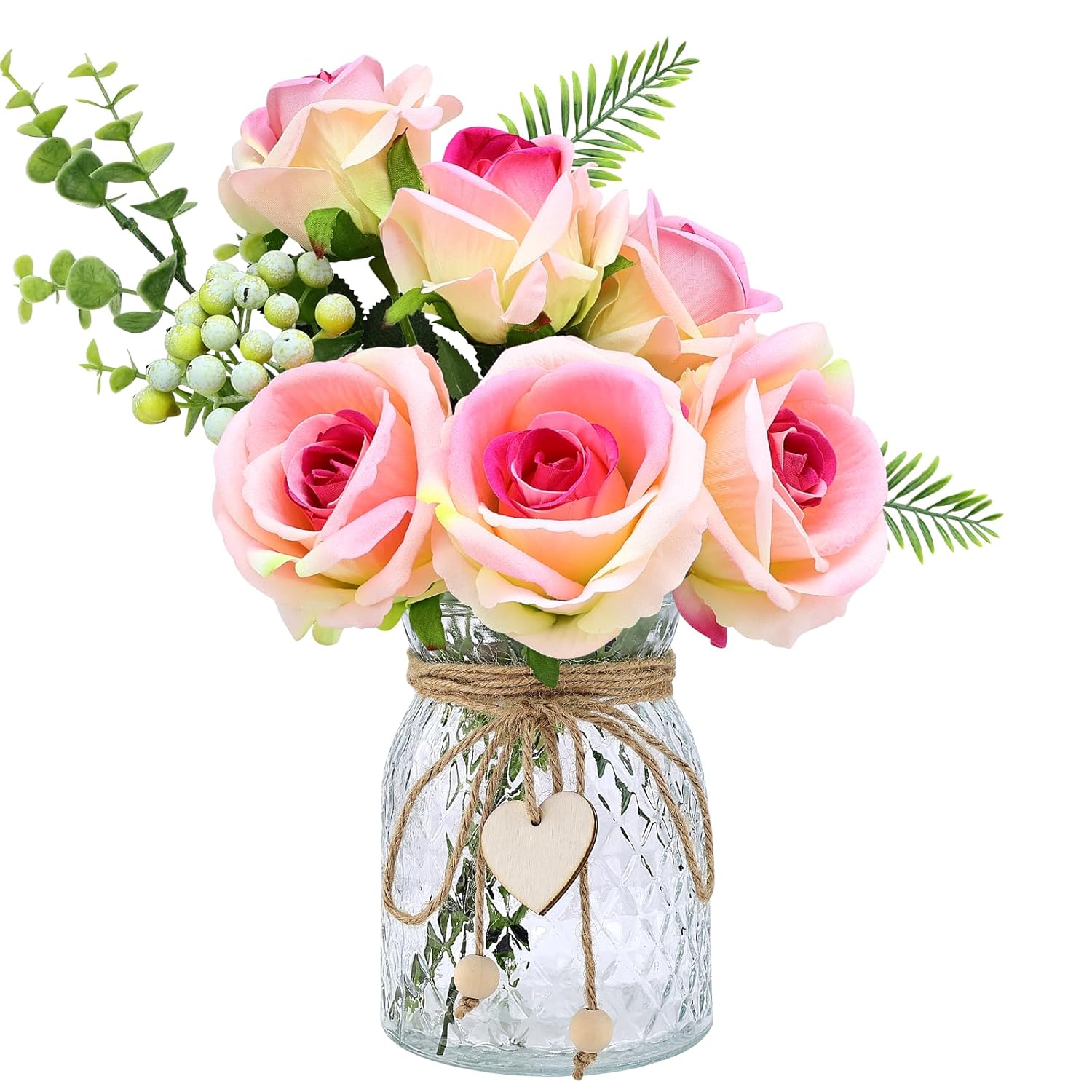 Fake Flowers With Vase, Artificial Velvet Roses Faux Plant Flower Arrangement Suitable For Home Office Living Room Bathroom Decoration, Dining Table Centerpiece (Pink)