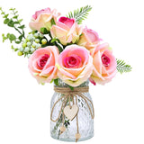 Fake Flowers With Vase, Artificial Velvet Roses Faux Plant Flower Arrangement Suitable For Home Office Living Room Bathroom Decoration, Dining Table Centerpiece (Pink)