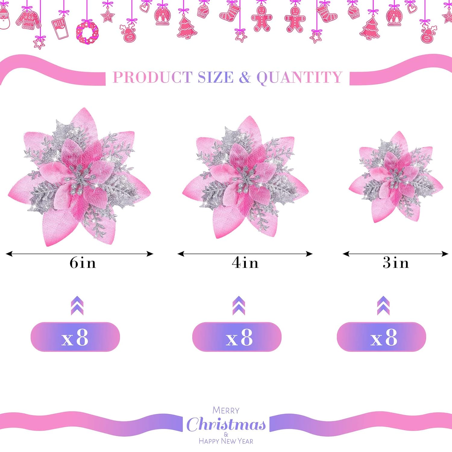 24 Christmas Glitter Artificial Poinsettia Flowers Xmas Poinsettia Artificial Wedding Flowers Decorations Xmas Tree Ornaments With Clips For Party Favors, 6 Inch, 4 Inch, 3 Inch (Pink And Silver)