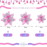 24 Christmas Glitter Artificial Poinsettia Flowers Xmas Poinsettia Artificial Wedding Flowers Decorations Xmas Tree Ornaments With Clips For Party Favors, 6 Inch, 4 Inch, 3 Inch (Pink And Silver)