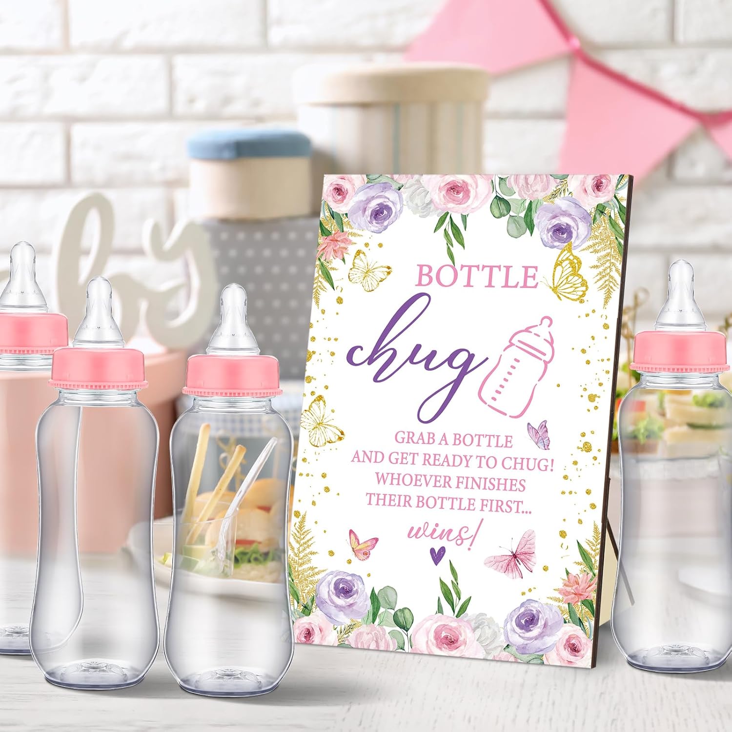 12 Pcs Safari Baby Shower Bottle Sign Wooden Jungle Animal Gift Sets Gender Reveal Favors Bottles For Guests(Butterfly)