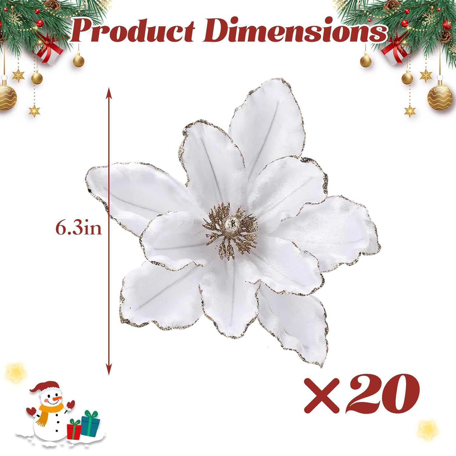 20 Pcs Glitter Christmas Flower, 6.3 In Large Velvet Artificial Magnolia Flowers With Stem, Christmas Tree Wreath Garland Xmas New Year Wedding Decoration, White