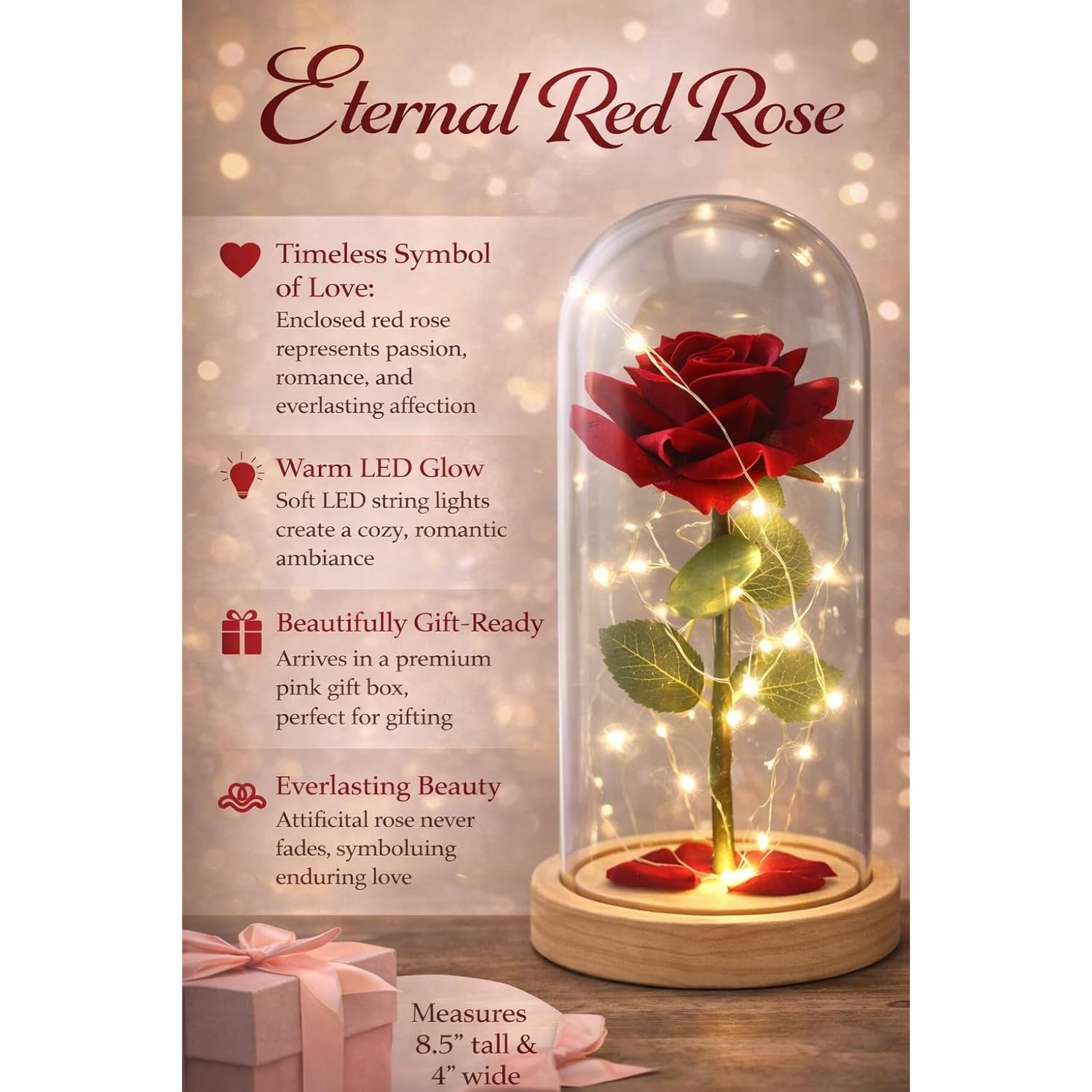 Eternal Red Rose In Glass Dome With Led Lights – Light Up Artificial Rose Décor – Romantic Gift For Women With Gift Box For Anniversary, Birthday, Valentine’S Day, Or Holiday Season