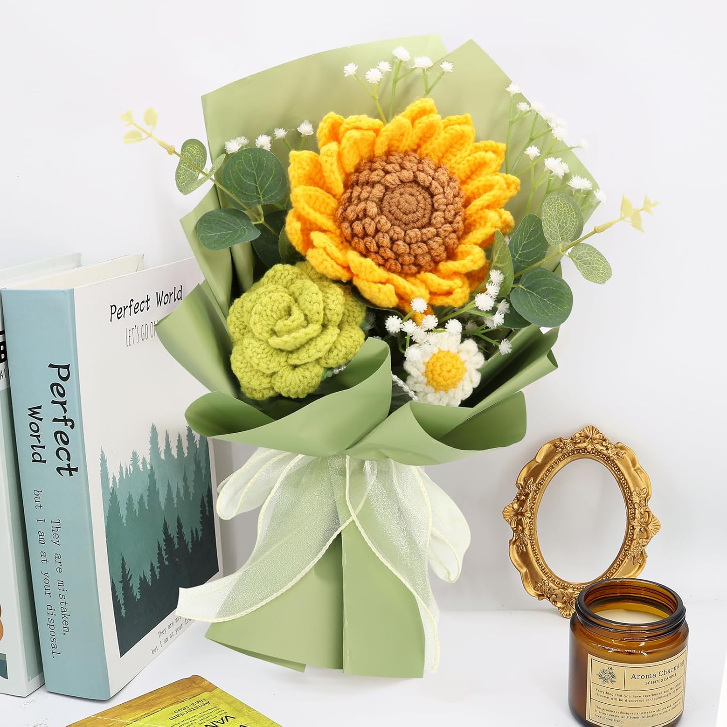 Handmade Crochet Sunflowers Rose Daisy As A Gift For Lover, Family,Friends. Crochet Bouquet, Crocheted Yarn Flowers, Artificial Flower Finished Bouquet (Yellow&Brown)