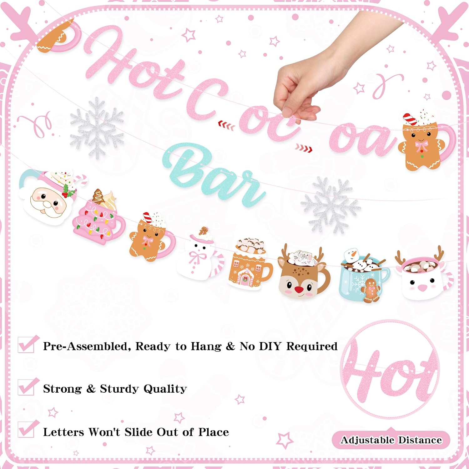 Christmas Hot Cocoa Bar Decoration Kit, Hot Cocoa Bar Banner Hot Cocoa Cups Garland, Pink Gingerbread Hot Chocolate Bar Supplies For Baby Shower Winter Holiday New Year Party Decor