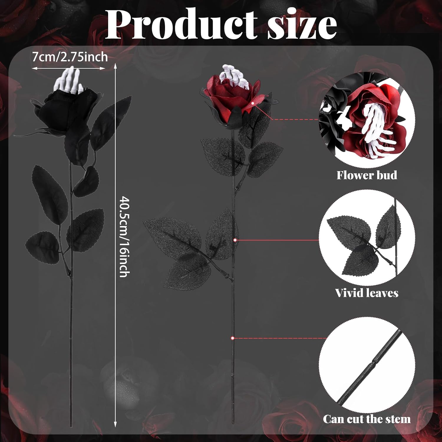 12 Pcs Halloween Artificial Roses Bouquet Long Stem Faux Red And Black Roses Bundles Fake Flowers With Skeleton Spider Halloween Floral Picks For Vase Arrangements Table Decorations