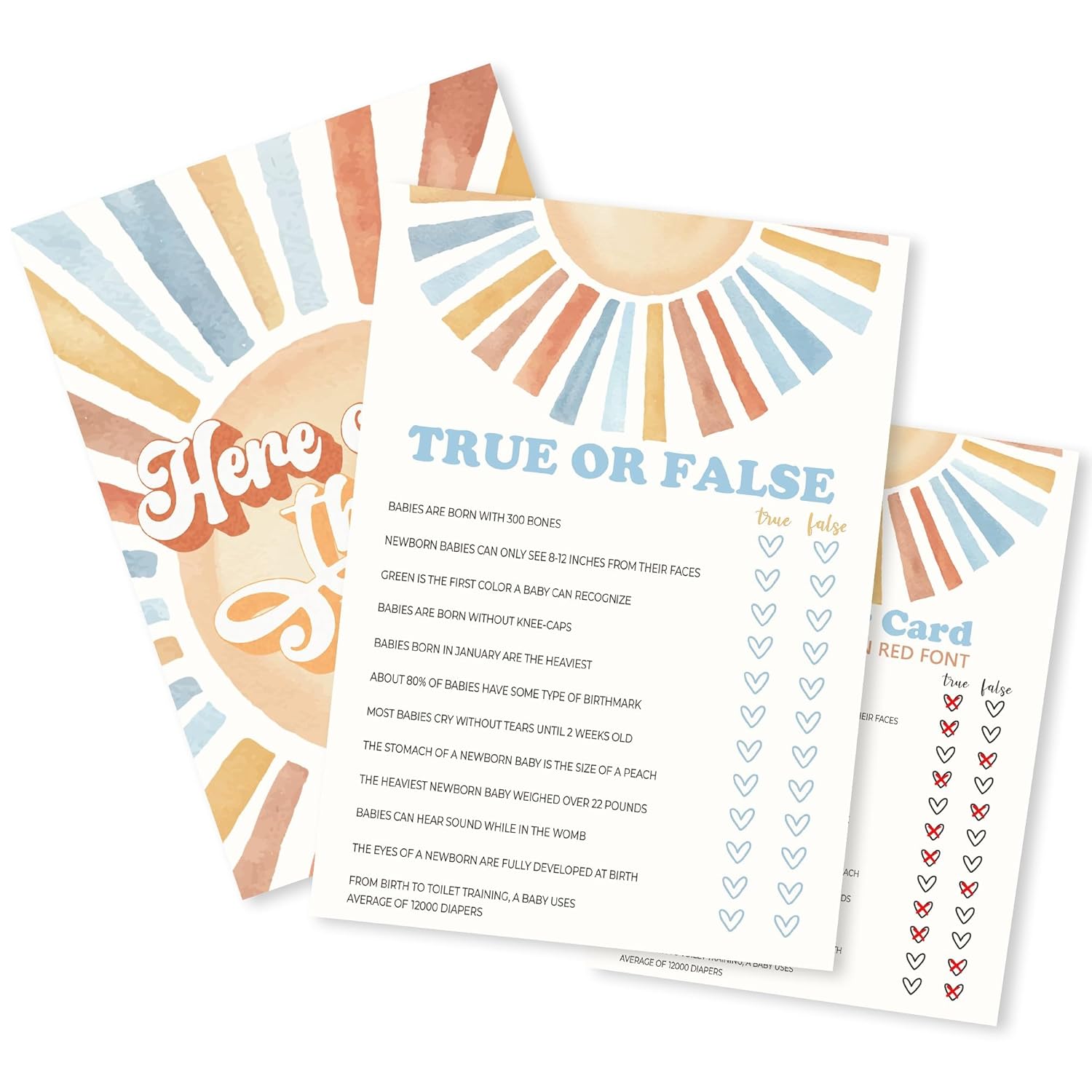Sunshine Fill In Baby Shower Game Cards - Here Comes The Son - True Or False Game For Boys - Baby Announcement Gender Reveal Baby Shower Party Activities For New Parents To Be - A09