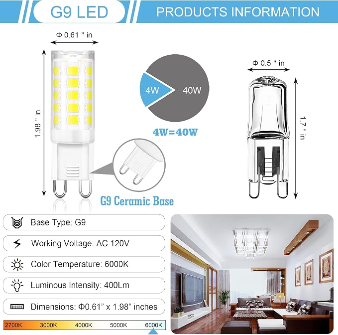 10 Pack G9 LED Bulbs 4W 6000K Daylight 40W Equivalent 400LM Bi Pin Base