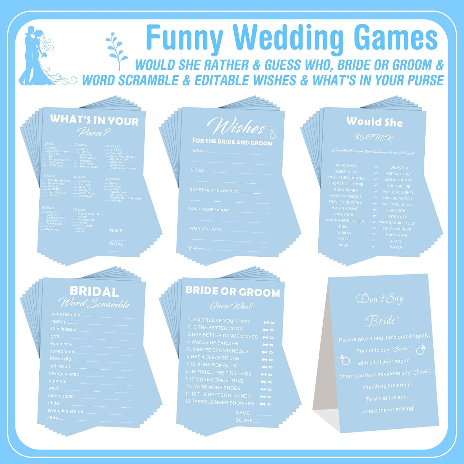 332Pcs Bridal Shower Games Supplies, 251 Wedding Games Cards 1 Put A Ring On It With Advice And Wishes Cards With Wooden Box For Something Blue Before Bridal Shower Decorations