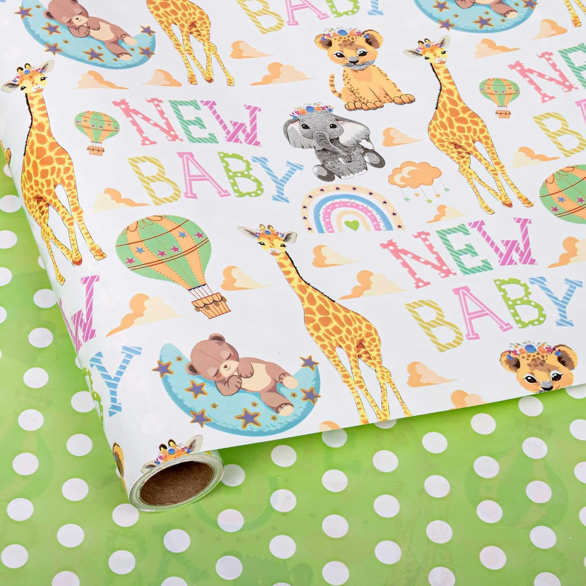 Reversible Baby Shower Wrapping Paper For Kids Girls Boys - 17 Inch X 16.5 Feet - Lion Giraffe Animals & New Baby Design For Neutral Baby Shower Party Birthday Holiday