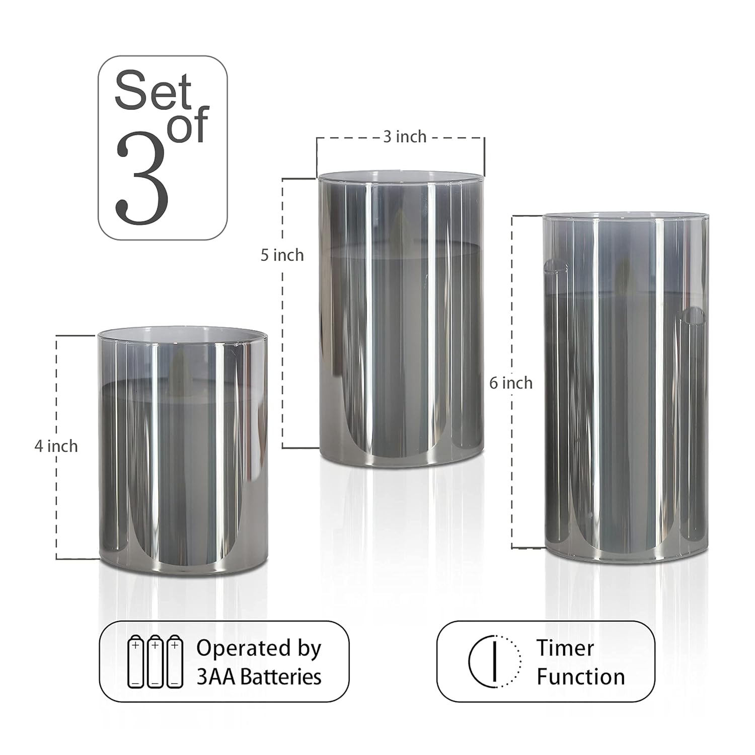 Gray Glass Flameless Candles, Realistic Flickering Led Candles With Remote Control And Timer, Battery Operated Pillar Candle For Party Wedding Christmas Decor, Set Of 3