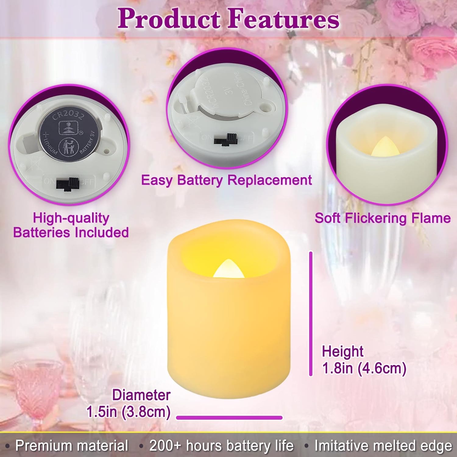 24 Pack 1.5" X 1.8" Flameless Flickering Battery Operated Tea Lights, Lit 200+ Hours Flicker Led Votive Candles, Outdoor Electric Fake Candles Bulk For Wedding Halloween Christmas Decorations