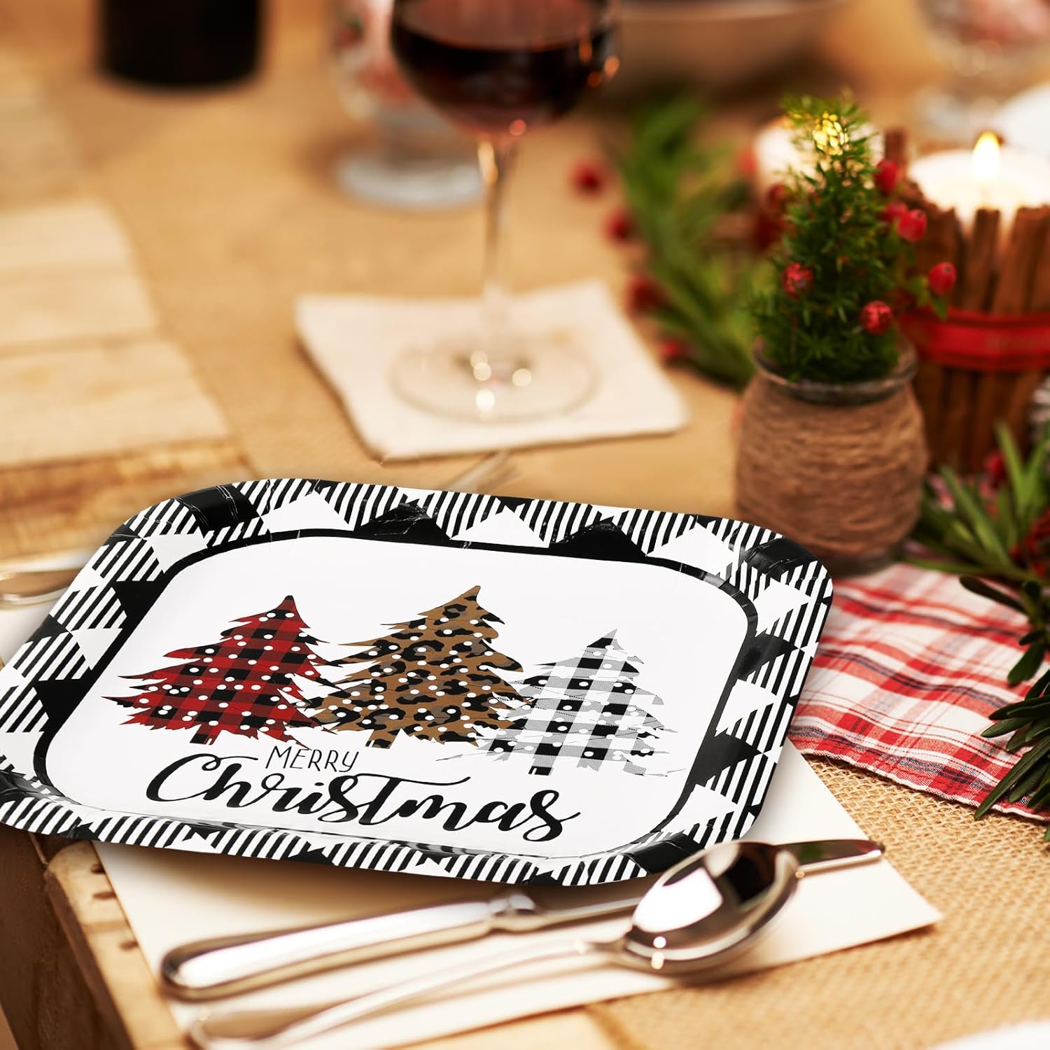 40Pcs Merry Christmas Paper Plate Square Plaid Xmas Tree Disposable Plate White Black Checkered Dinnerware Plate 9 Inch For Winter Party Supplies Table Decor