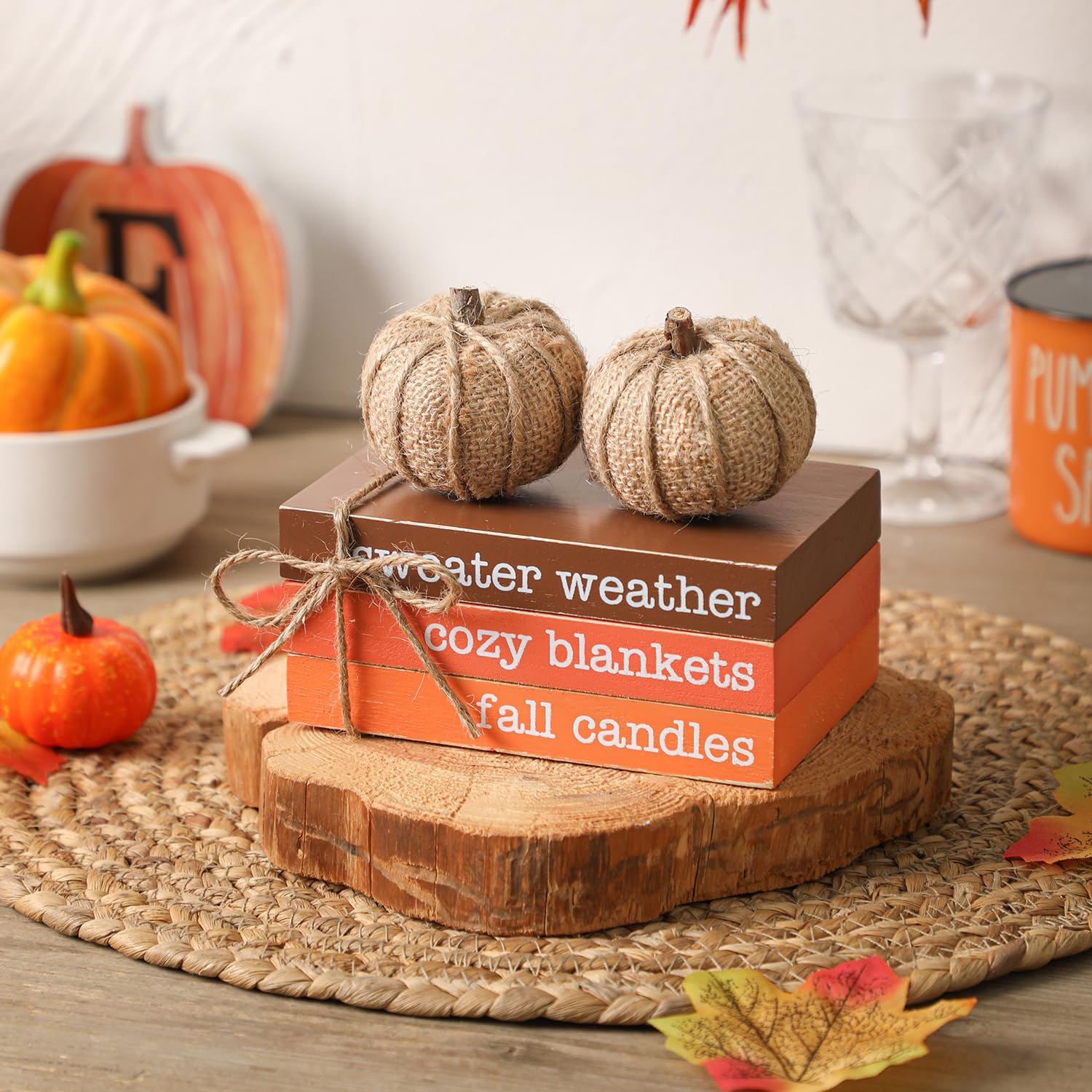 Thanksgiving Decor, Fall Tiered Tray Decor, Wood Book Stack With Maple Leaves & Pumpkins, Farmhouse Mini Decorative Books Bundle, Fall Decor For Table