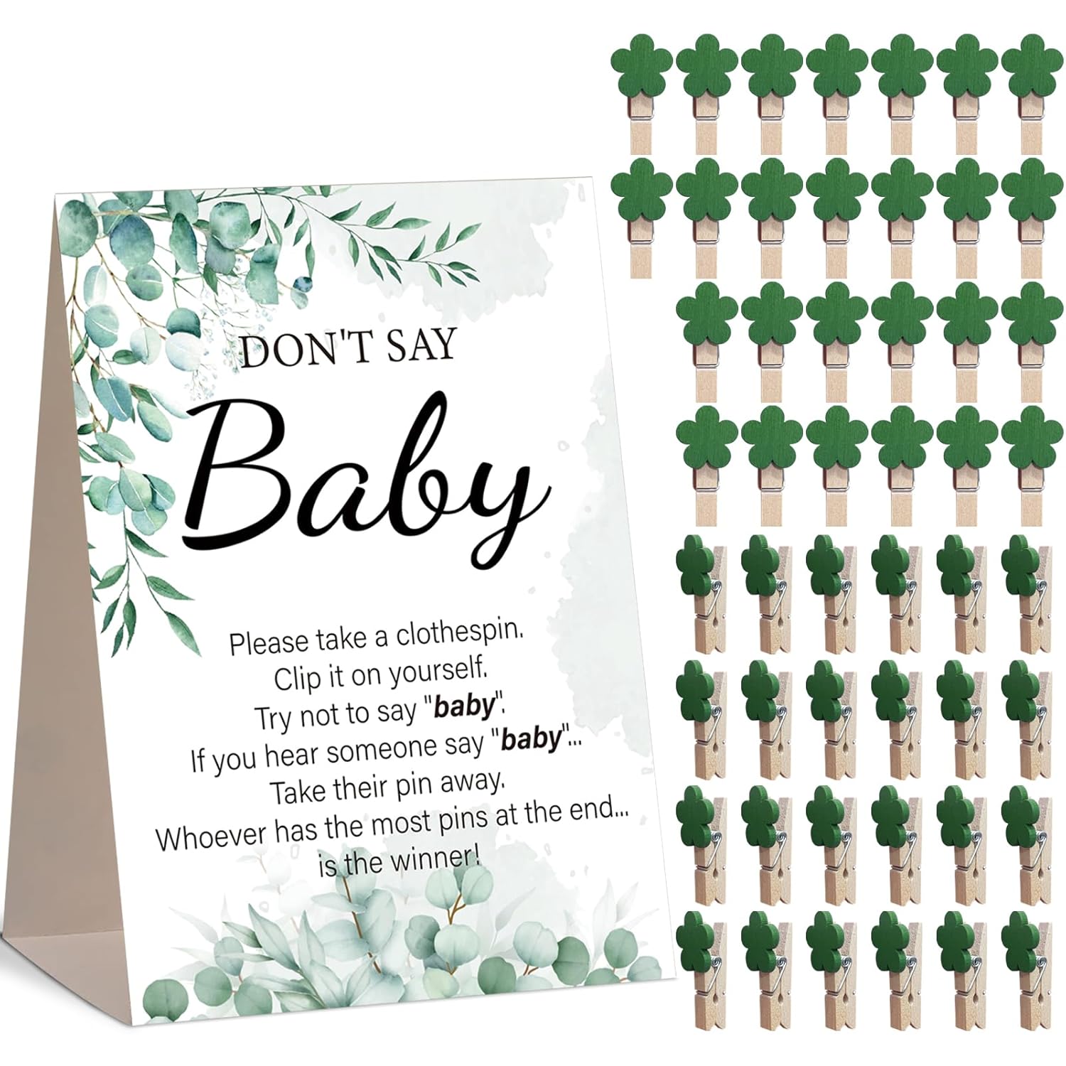Baby Shower Games, Greenery Don'T Say Baby Baby Shower Game,1 Sign And 50 Mini Clothespins, Baby Shower Decoration