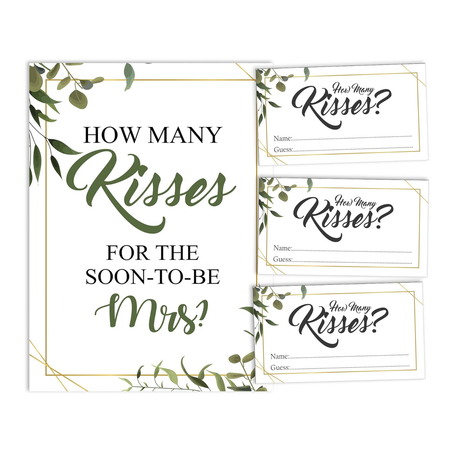 How Many Kisses For The Soon To Be Mrs Greenery White Bridal Shower Game 1 Sign + 30 Cards