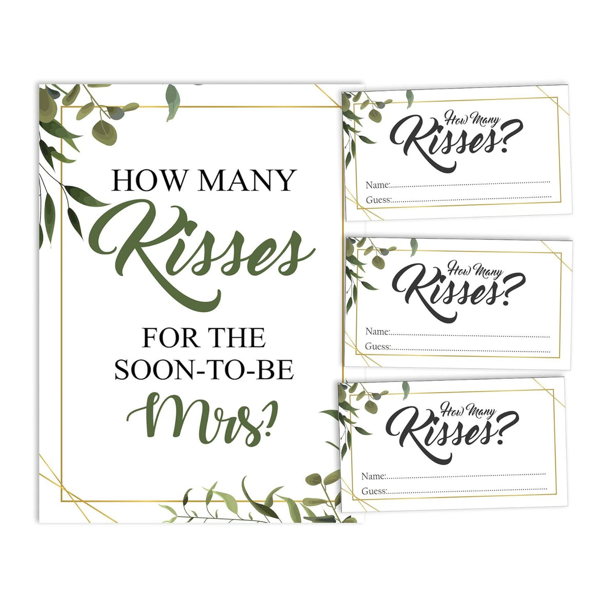 How Many Kisses For The Soon To Be Mrs Greenery White Bridal Shower Game 1 Sign + 30 Cards
