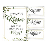 How Many Kisses For The Soon To Be Mrs Greenery White Bridal Shower Game 1 Sign + 30 Cards