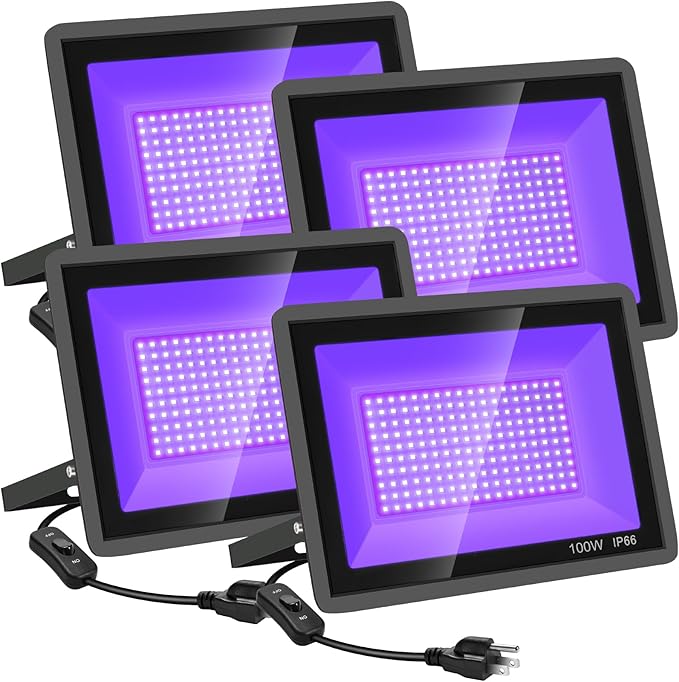 4 Pack 100W LED Black Lights IP66 Waterproof Plug In Blacklight Flood Lights for Glow Party