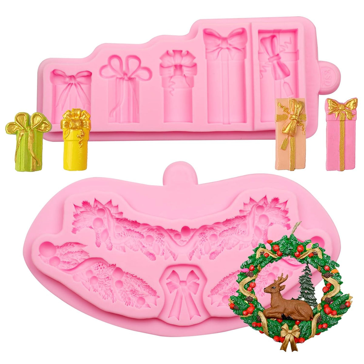 Christmas Holly Leaves Silicone Molds, Gift Box And Wreath Fondant Mold For Cake Decoration Candy Clay Crafts