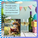 Grandma Birthday Card - Story Book Cat - Happy Birthday Card For Grandma From Grandson Granddaughter, 5.7 Inch Book Cat Bday Greeting Cards