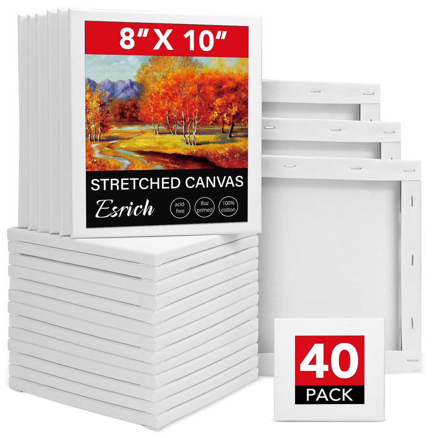 40Pack Stretched Canvas For Painting 8X10, Blank White Canvases For Painting - Primed Cotton, Art Canvases For Oil, Acrylic & Watercolor Paint.