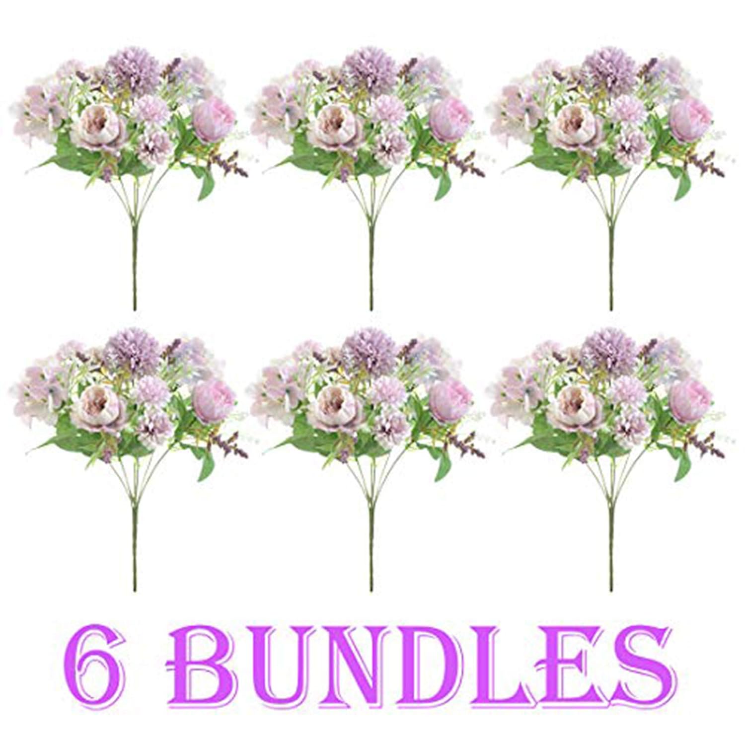 6 Pack Artificial Flowers, Fake Faux Peony Silk Hydrangea Plastic Carnations Daisy Realistic Flower Arrangements For Wedding Decoration Table Centerpieces, For Home Office Party Decor (Purple)