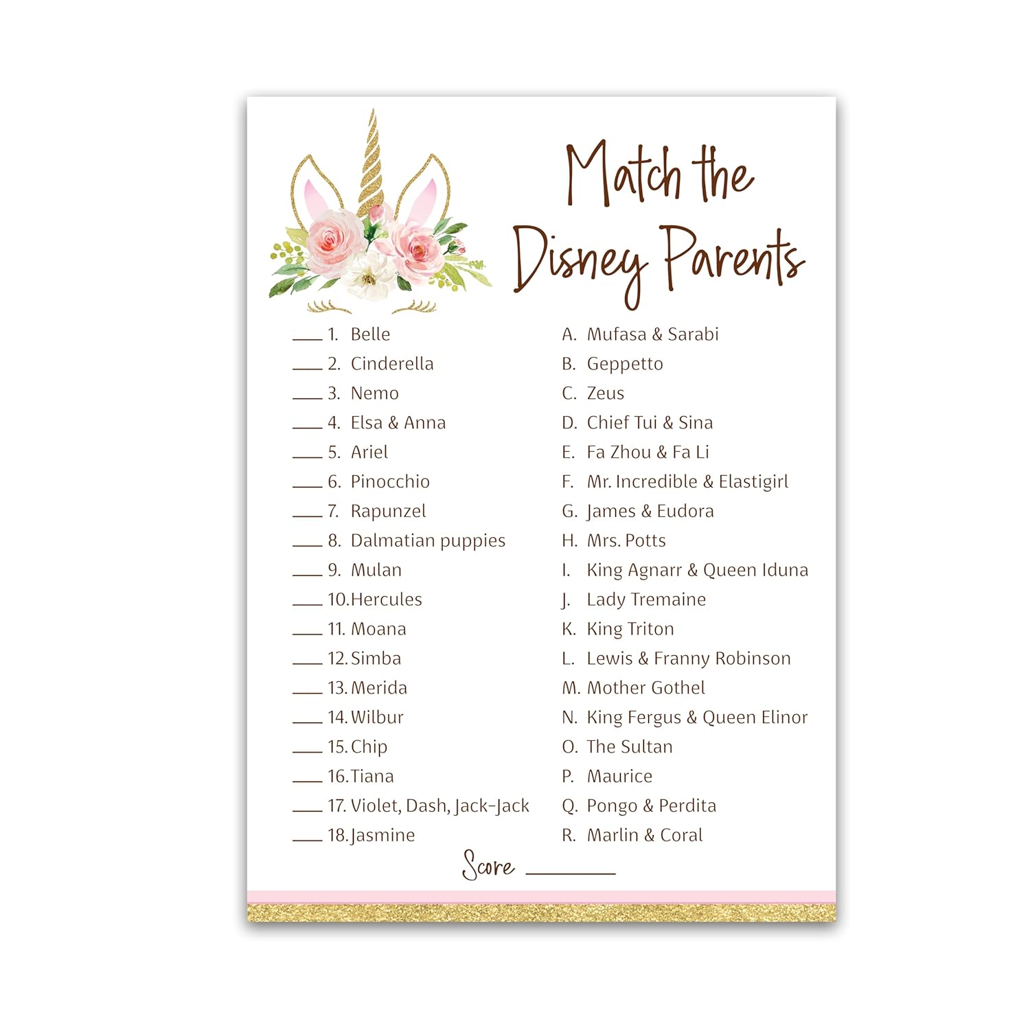 Unicorn Match Cartoon Parents Baby Shower Games — Pack Of 25 — Pink Girl Baby Shower Game, Magical Theme Match Famous Cartoon Parents Fun Co-Ed Shower Activity, Star Kids Match Game G640-Dpm