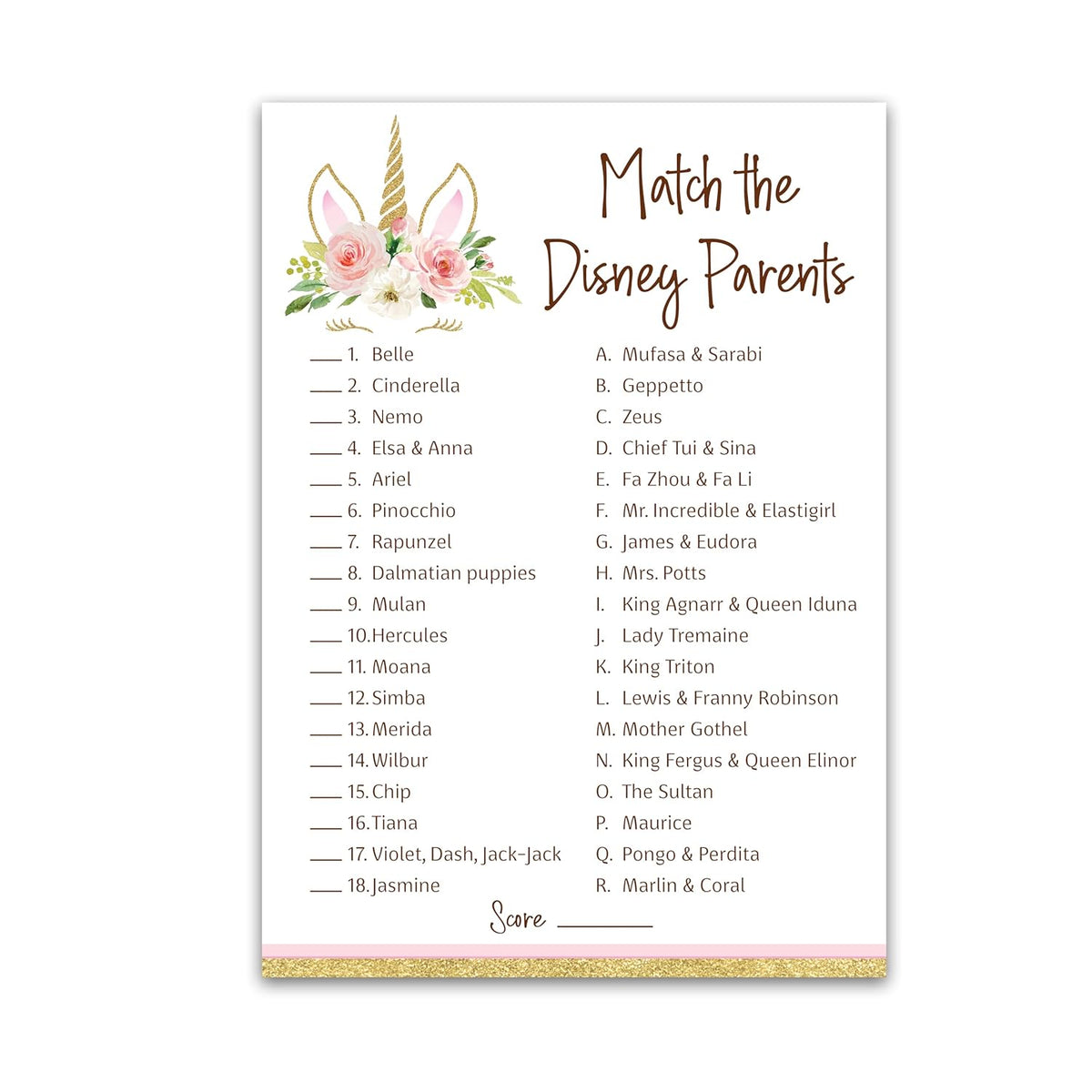 Unicorn Match Cartoon Parents Baby Shower Games — Pack Of 25 — Pink Girl Baby Shower Game, Magical Theme Match Famous Cartoon Parents Fun Co-Ed Shower Activity, Star Kids Match Game G640-Dpm