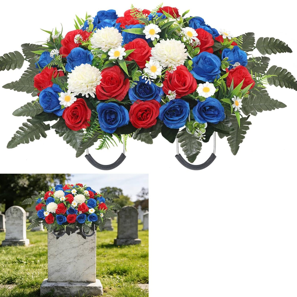 Headstone Flower Saddle,Large Artificial Cemetery Flowers For Grave Roses & Chrysanthemums Cemetery Memorial Flowers For Outdoor Grave Decorations (Red)