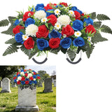 Headstone Flower Saddle,Large Artificial Cemetery Flowers For Grave Roses & Chrysanthemums Cemetery Memorial Flowers For Outdoor Grave Decorations (Red)