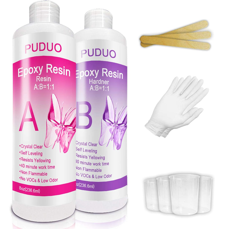 Epoxy Resin Crystal Clear Kit For Art, Jewelry, Crafts, Coating- 16 Oz Including 8Oz Resin And 8Oz Hardener | Bonus 4 Pcs Measuring Cups, 3Pcs Sticks, 1 Pair Rubber Gloves By