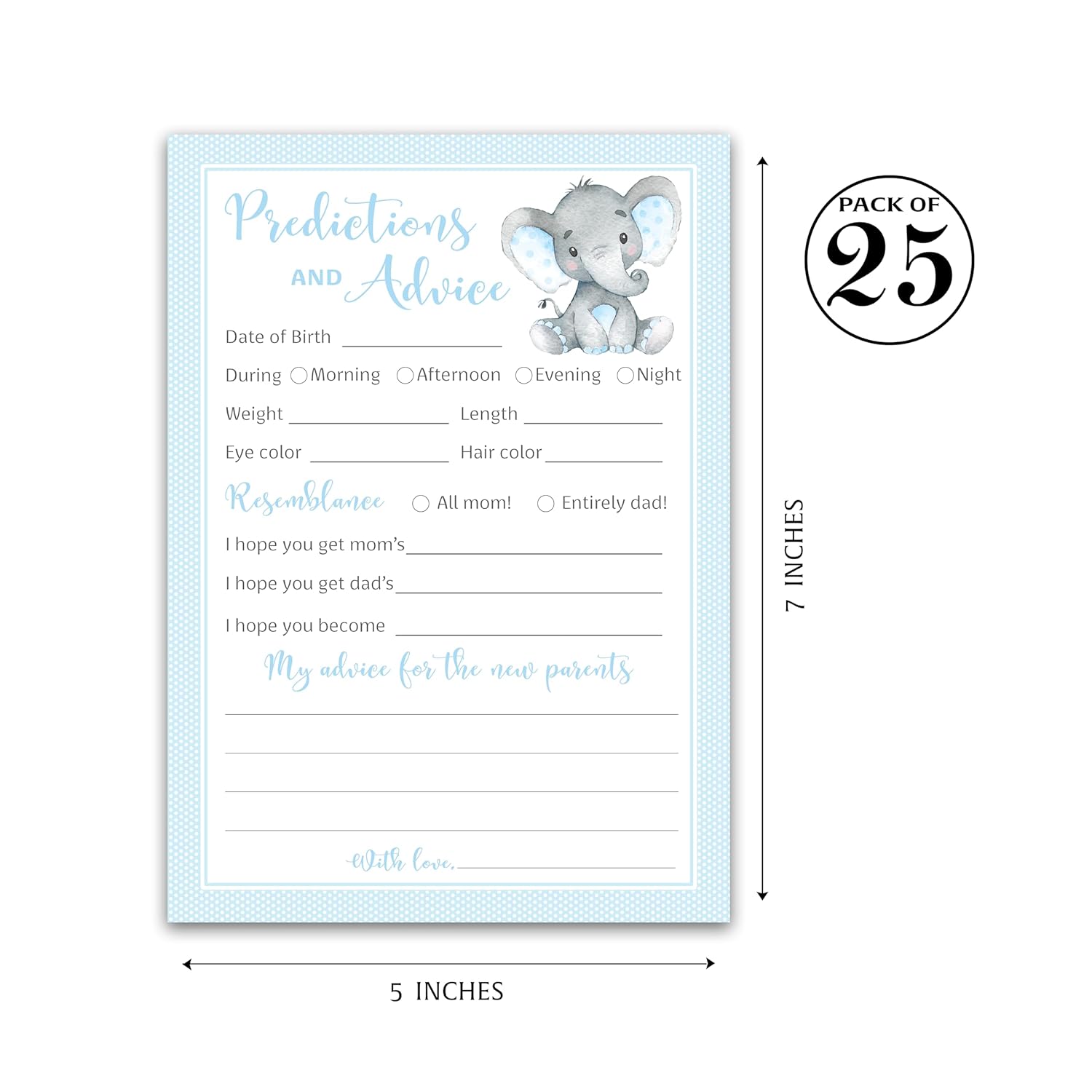 Blue Elephant Prediction And Advice Cards - Pack Of 25 - Boy Baby Shower Games, New Parents, Mom & Dad To Be, Mommy & Daddy Message, Couples Coed Shower Activity Keepsake Book Blue Polka Dot G501-Pdav