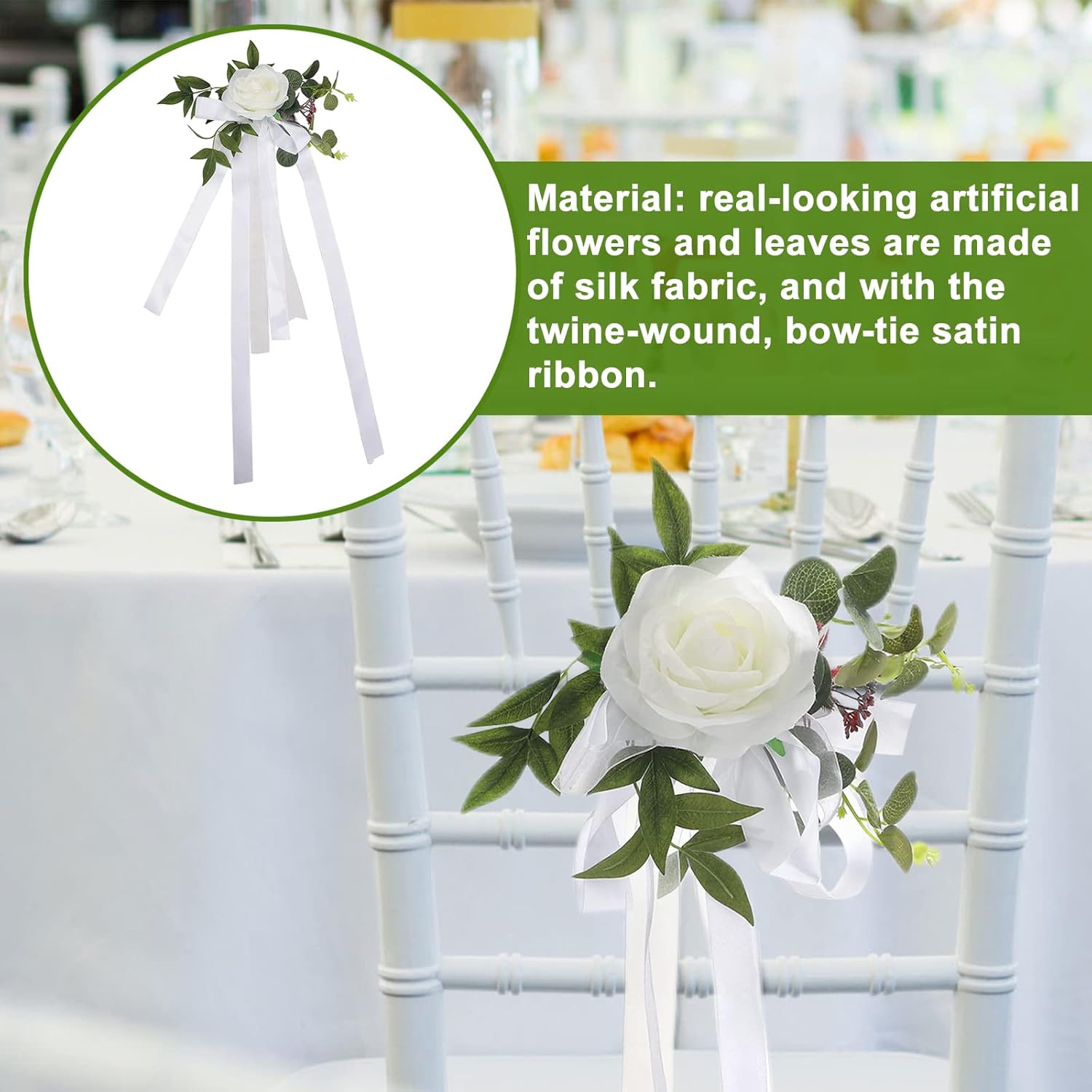 Fqqwee 6Pcs Wedding Aisle Chair Decorations White Rose Floral Wedding Chair Back Flowers With Leaves And Ribbons Church Chair Bench Pew Flowers For Wedding Ceremony Decor …, 10.11X10.62 Inch