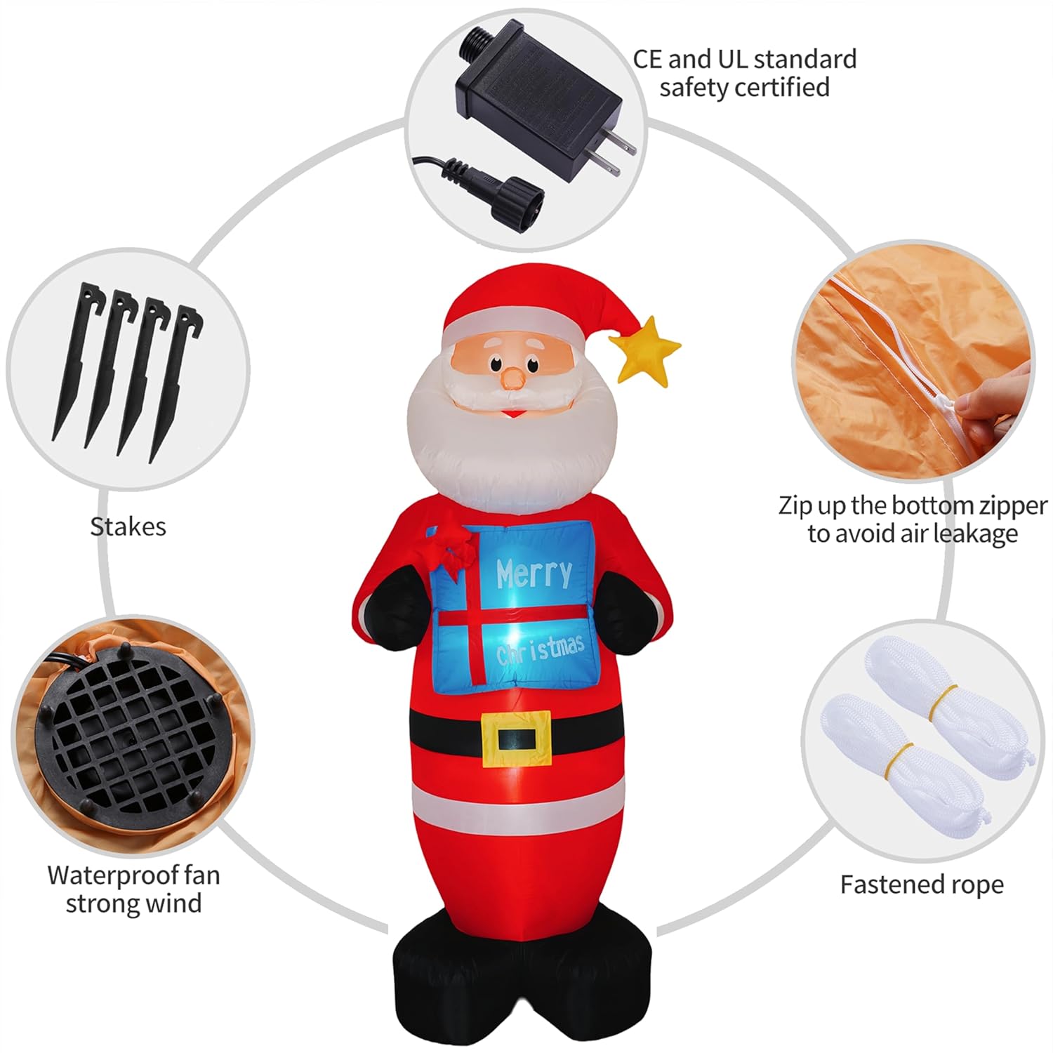 Christmas 8Ft Inflatables Santa Claus With Gift Box And Build-In Led Lights, Xmas Blow Up Gift For Indoor, Outdoor, Part