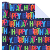 Birthday Wrapping Paper - Mini Roll - 17 Inch X 33 Feet - Blue Happy Bday Wrapping Paper For Kids Boys Adult Birthday, Baby Shower, Wedding