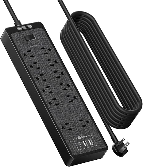 Heavy Duty Surge Protector Power Strip 12 Outlets 3 USB Ports 25FT Flat Plug Extension Cord 2100J