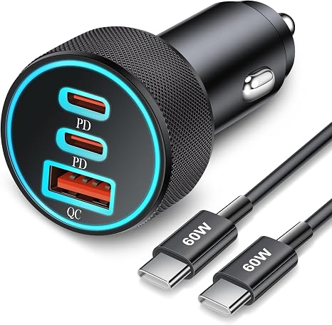 67W 3 Port USB C Car Charger with 3FT Cable Fast Charging Adapter for Samsung iPhone