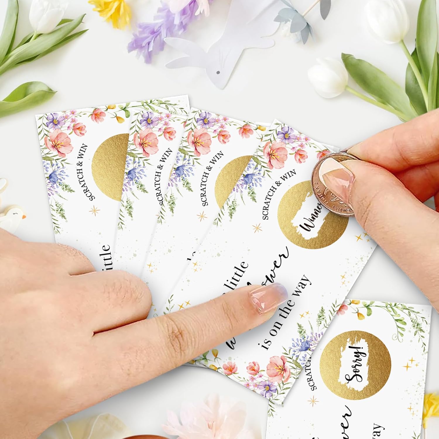 Baby Shower Game For Adults - Floral Scratch Off Activity Cards, 50-Pack “A Little Wildflower Is On The Way” - Premium Gender Reveal & Party Game For Guests -W1