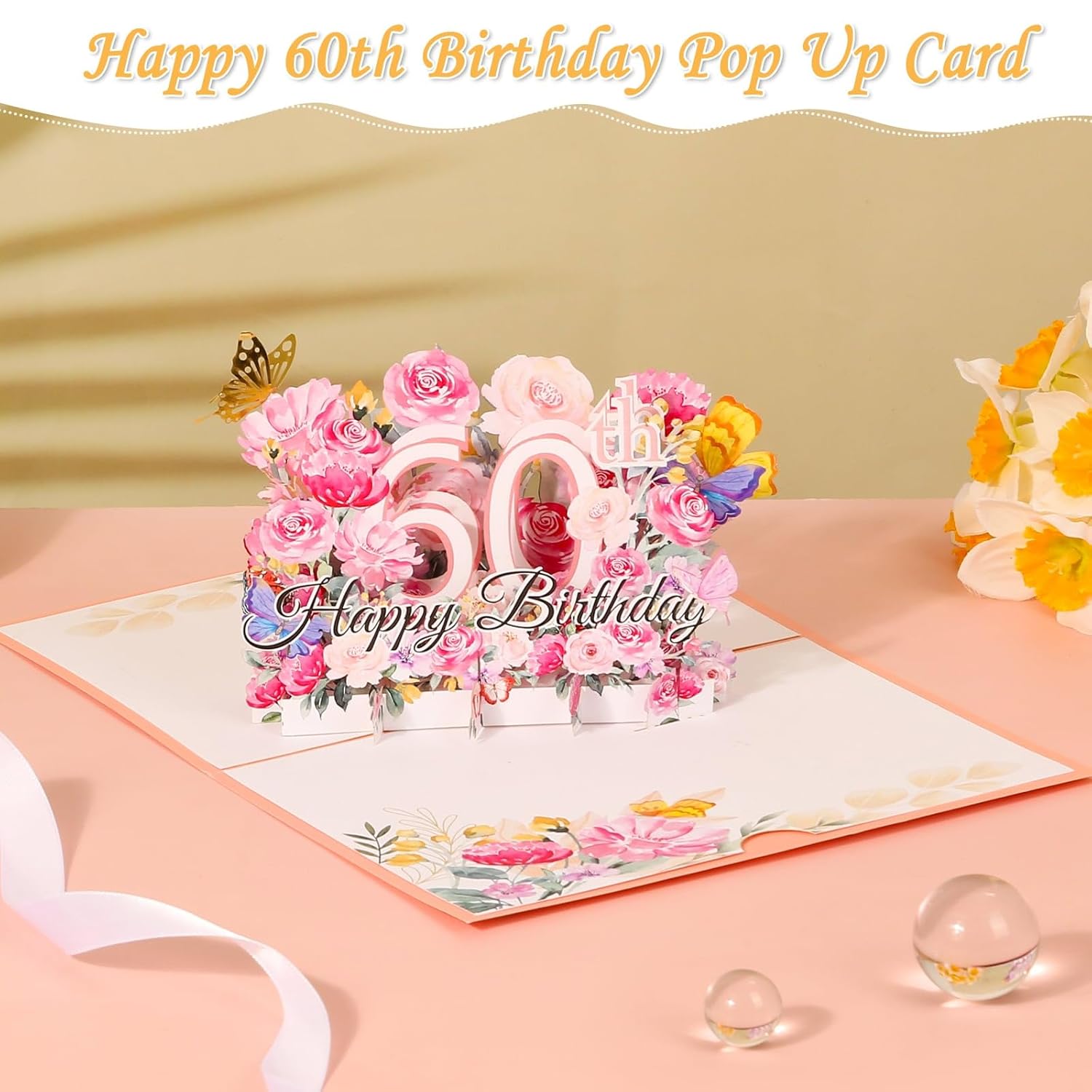 60Th Birthday Pop Up Card For Her, Happy 60Th Birthday Pop Up Greeting Card For Women Beautiful Birthday Card Gift For Grandma, Mom, Wife And Friend With Blank Note And Envelope