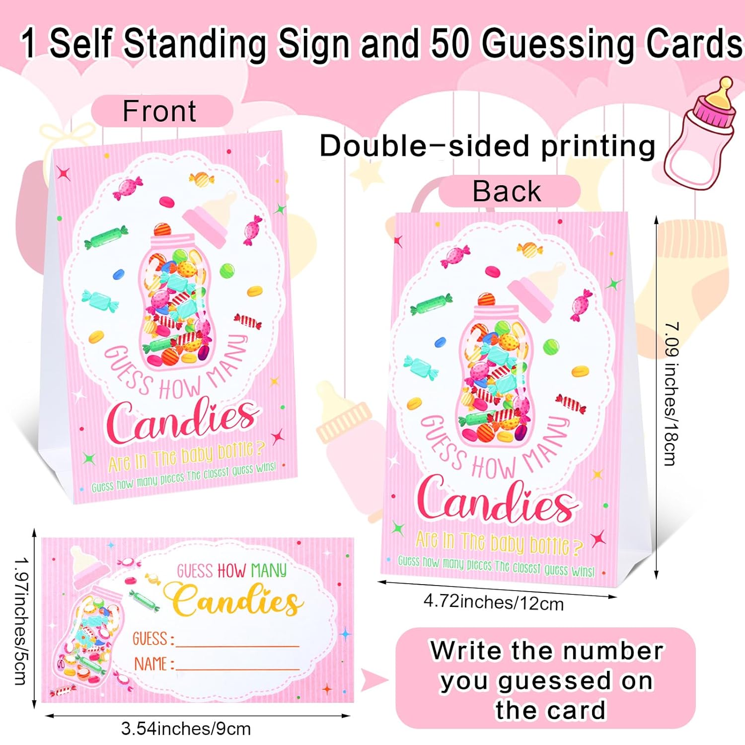 Baby Shower Games 15'' Giant Plastic Bottles Guess How Many Baby Shower Games Large Bottle With Sign 50 Guessing Cards For Gender Reveal Party Favors(Pink)