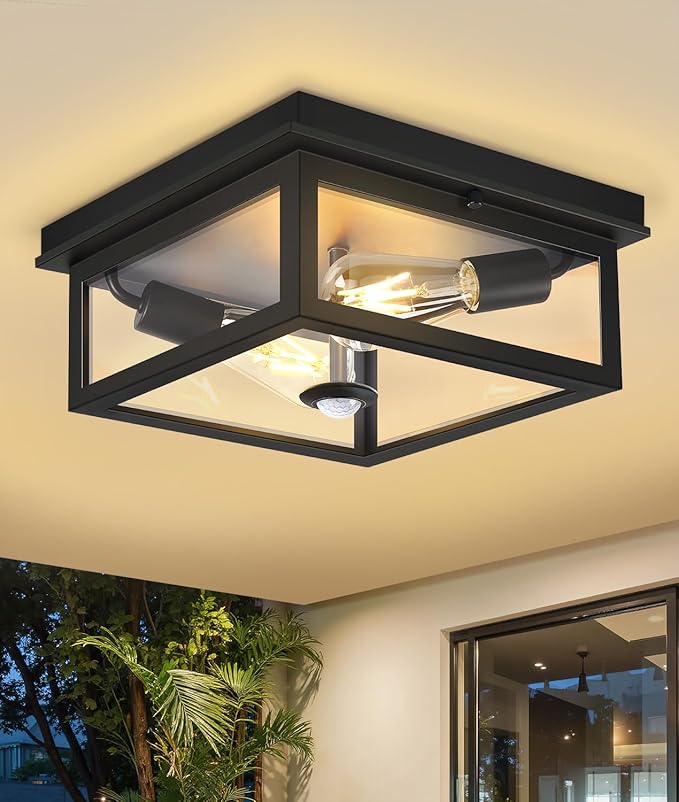 12.2 Inch Motion Sensor Outdoor Ceiling Light with Remote Black Flush Mount Fixture