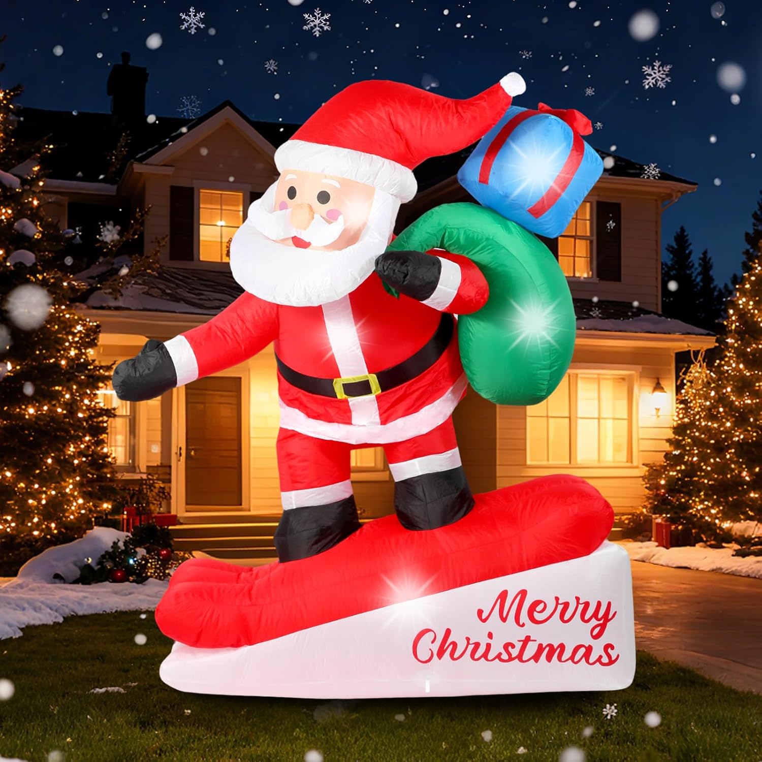 6Ft Christmas Inflatables Decorations Outdoor?Blow Up Skiing Santa Claus With Built-In Leds Lights For Indoor Holiday Pa