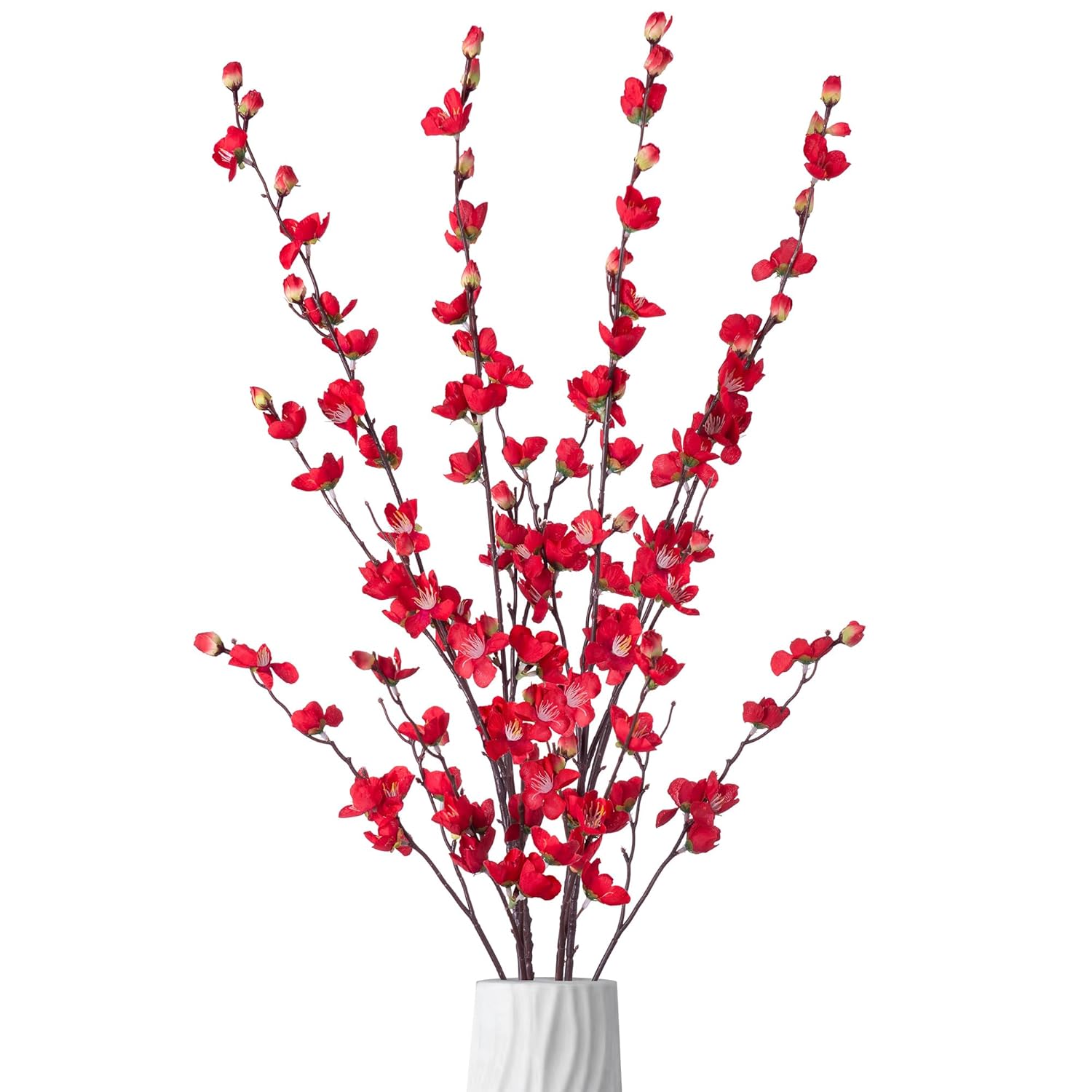 Artificial Faux Plants Flowers Indoor Spring Summer Decor, 4 Bundles Fake Silk Plum Blossom,Faux Silk Cherry Blossom Branches For Wedding Office Party Hotel Home Decor, Vase Not Included(Red).