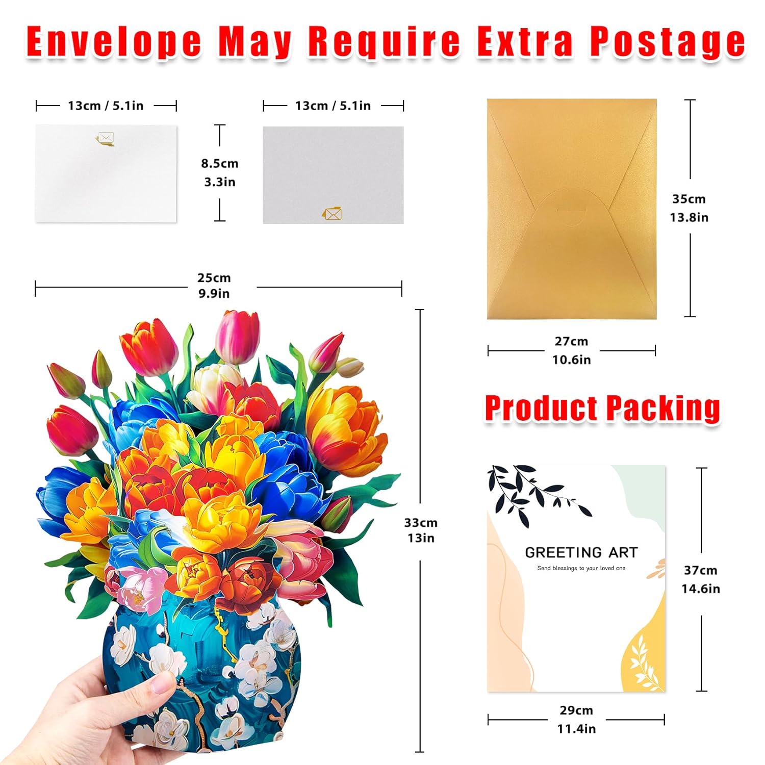Pop Up Flower Card, 13 Inch Tulips Paper Flower Bouquet Greeting Cards With Note Cards & Envelope, Birthday, Mother’S Day, Thank You, Get Well Gifts For Women Wife Mom Daughter