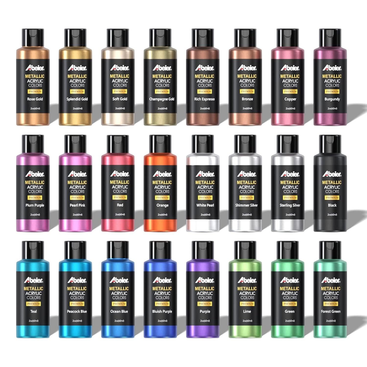 Metallic Acrylic Paint, Set Of 24 Metallic Colors In 2Oz/60Ml Bottle, Rich Pigments, Non Fading, Non Toxic Paints For Artist, Beginners & Kids Painting On Rocks Crafts Canvas Wood, Fabric&Stone