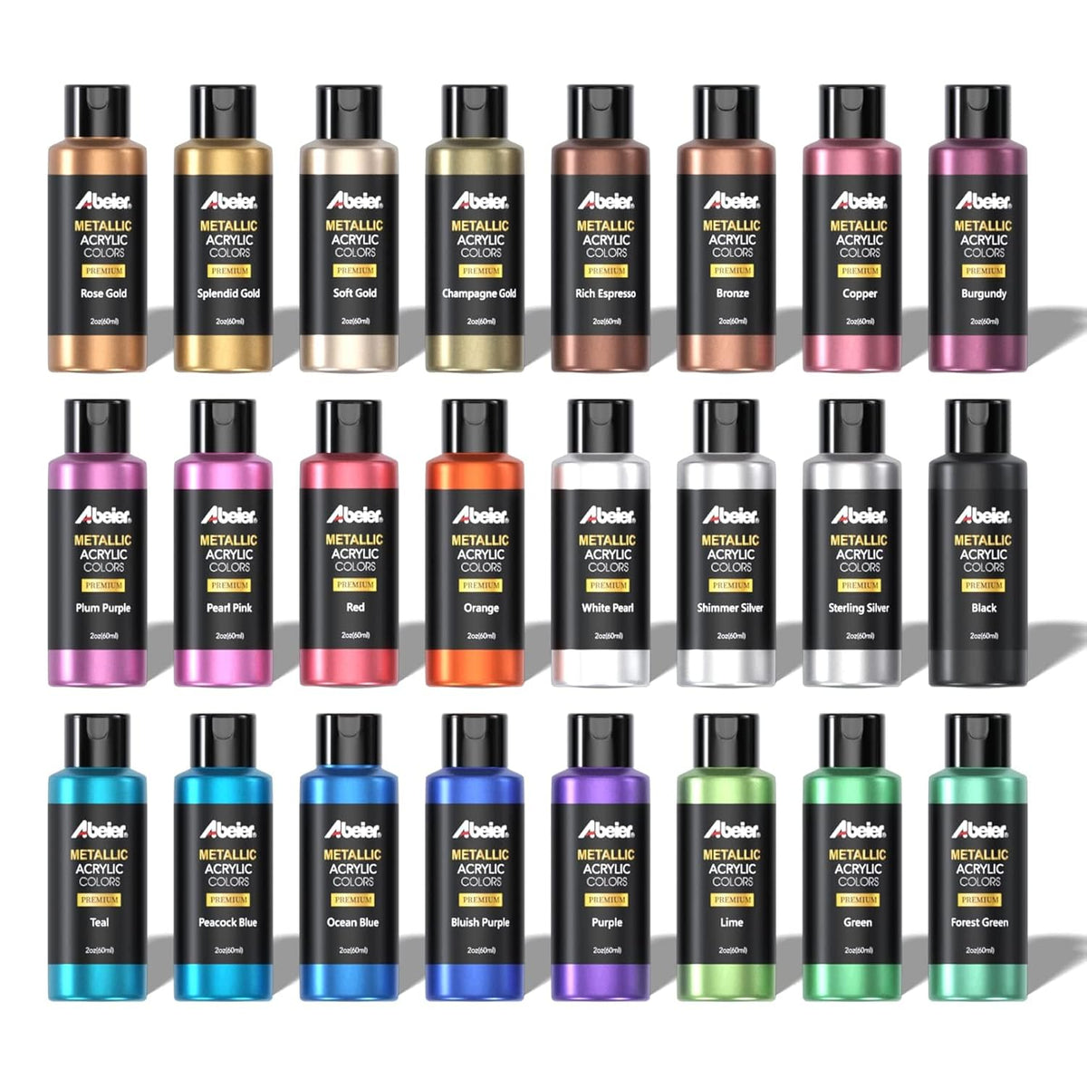 Metallic Acrylic Paint, Set Of 24 Metallic Colors In 2Oz/60Ml Bottle, Rich Pigments, Non Fading, Non Toxic Paints For Artist, Beginners & Kids Painting On Rocks Crafts Canvas Wood, Fabric&Stone