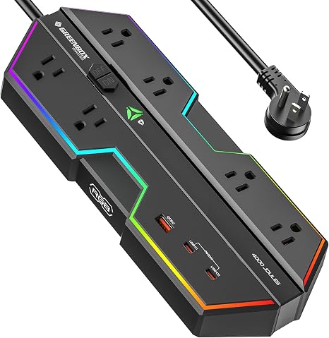 Gaming Surge Protector Power Strip 6 Outlets 4 USB Ports PD20W RGB Lighting 4000J Black