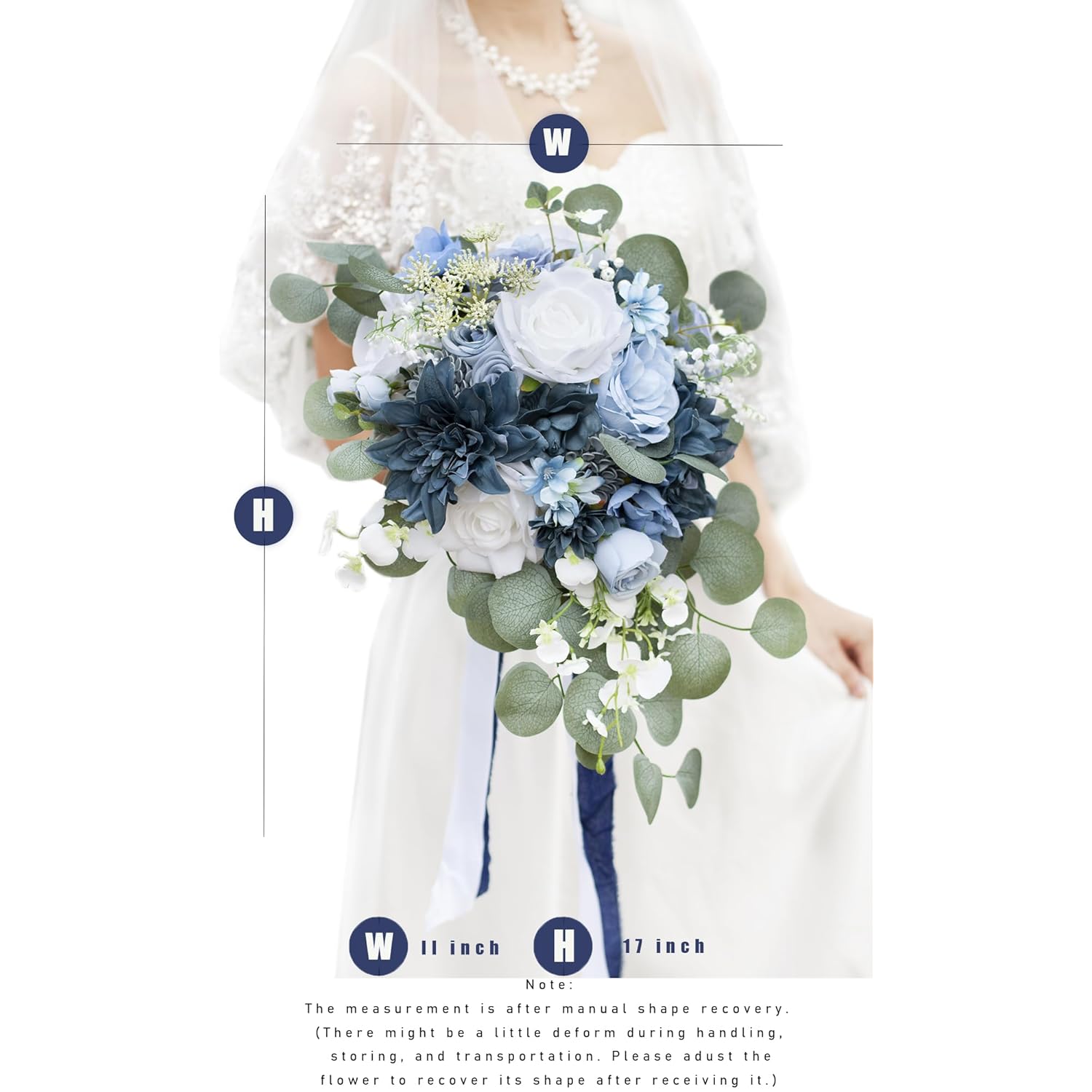 11 Inch Dusty Blue Wedding Bouquets For Bride White Navy Blue Artificial Roses Flower Cascading Bridal Bouquet For Rustic Boho Fall Vintage Wedding Ceremony Party And Anniversary
